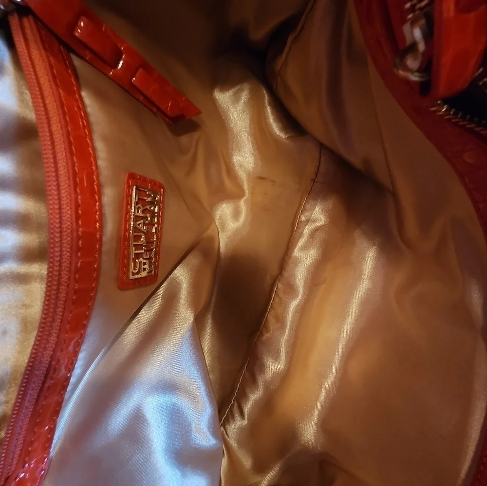 STUART WEITZMAN quilted tote with orange patent leather accents & gold hardware